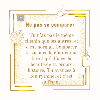 Carte de réconfort en français intitulée Ne pas se comparer, avec bordure dorée et dessin de rose