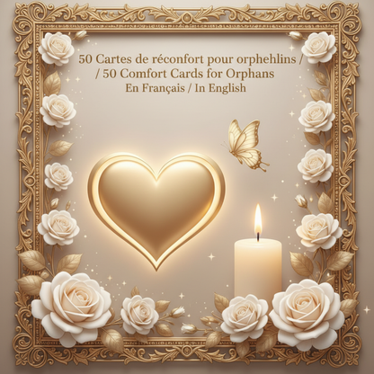 Couverture des 50 cartes bilingues de réconfort avec cœur lumineux, bougie, papillon et roses crème