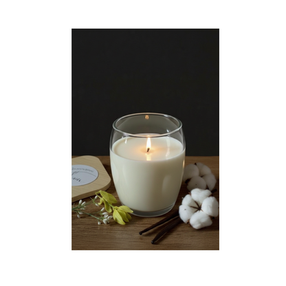 Bougie blanche allumée avec fleurs de coton et gousses de vanille sur fond noir et blanc