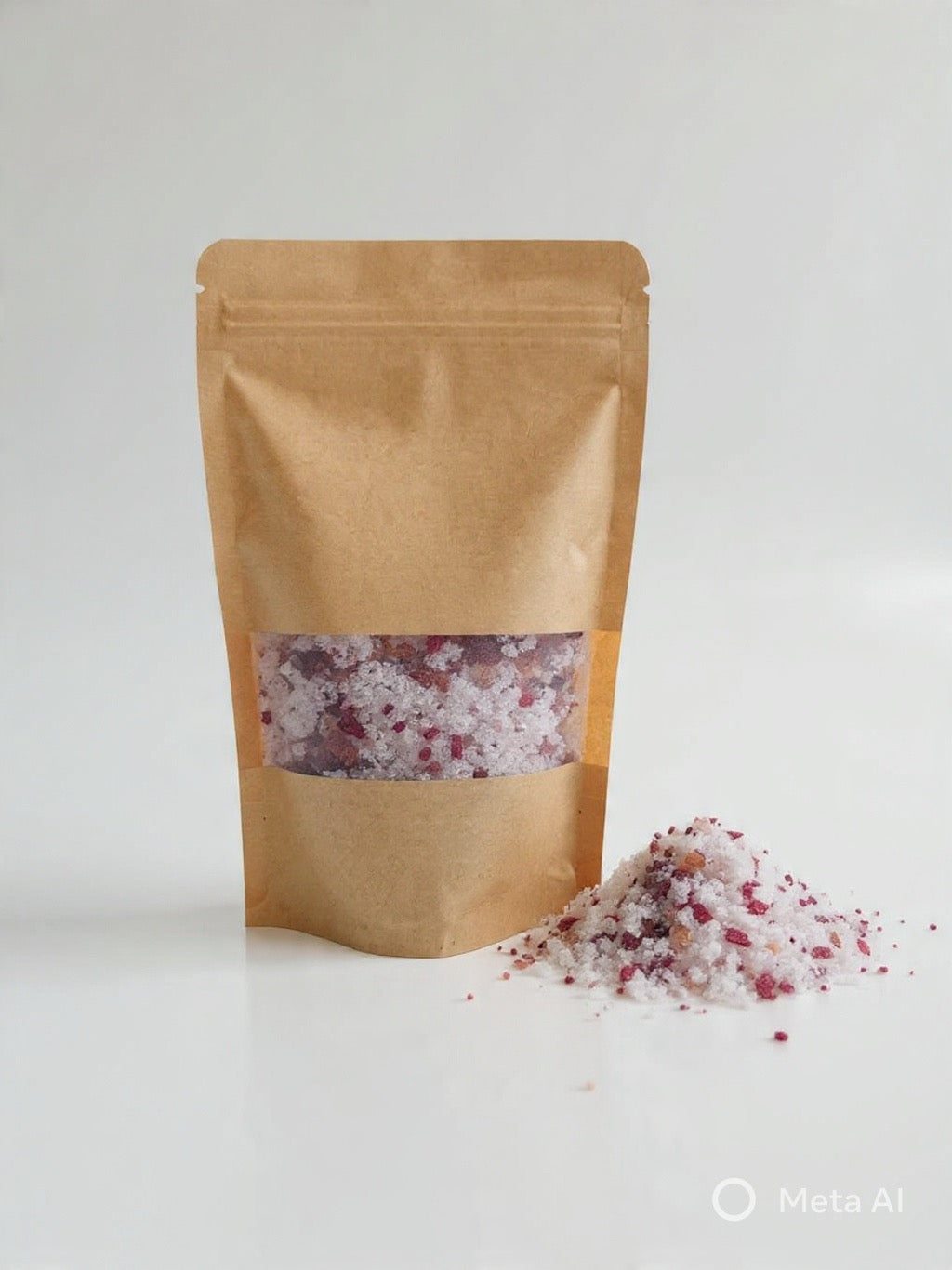 Sachet kraft de sel de bain avec fenêtre montrant des cristaux roses sur fond blanc