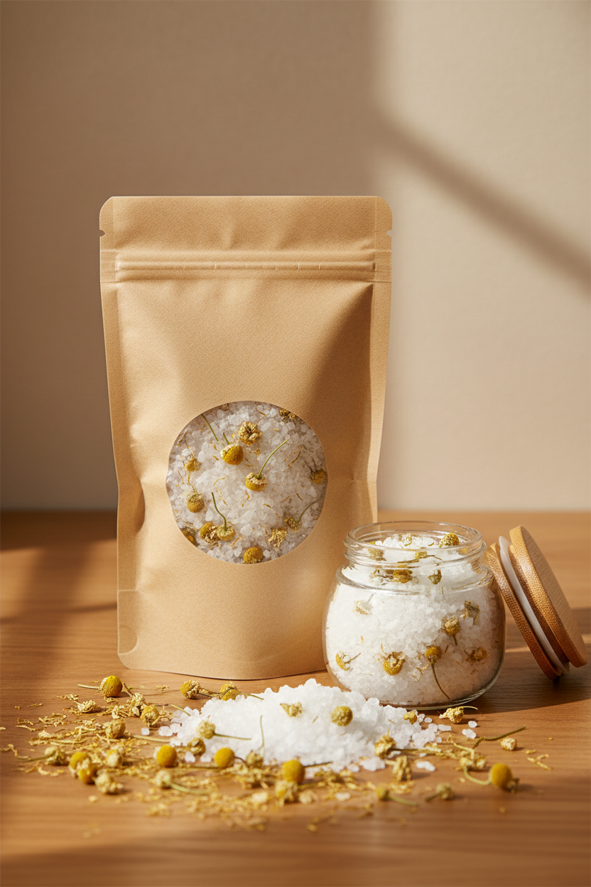 Sachet kraft et pot de sel de bain aux fleurs jaunes sur table en bois avec pétales dispersés