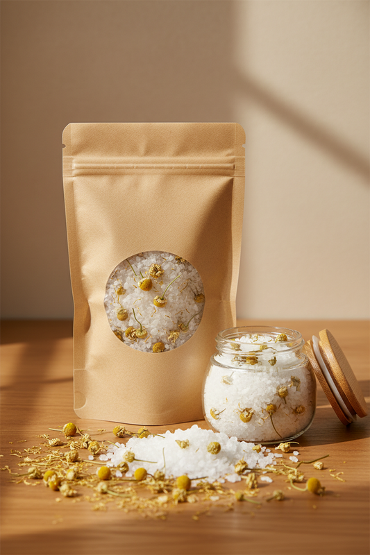 Sachet kraft et pot de sel de bain aux fleurs jaunes sur table en bois avec pétales dispersés