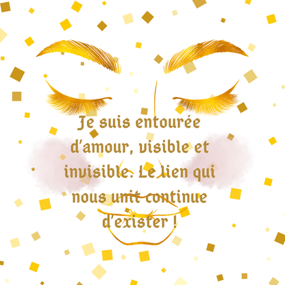 Carte d’affirmation sur fond blanc et doré avec un visage aux yeux fermés et un message sur l’amour qui demeure
