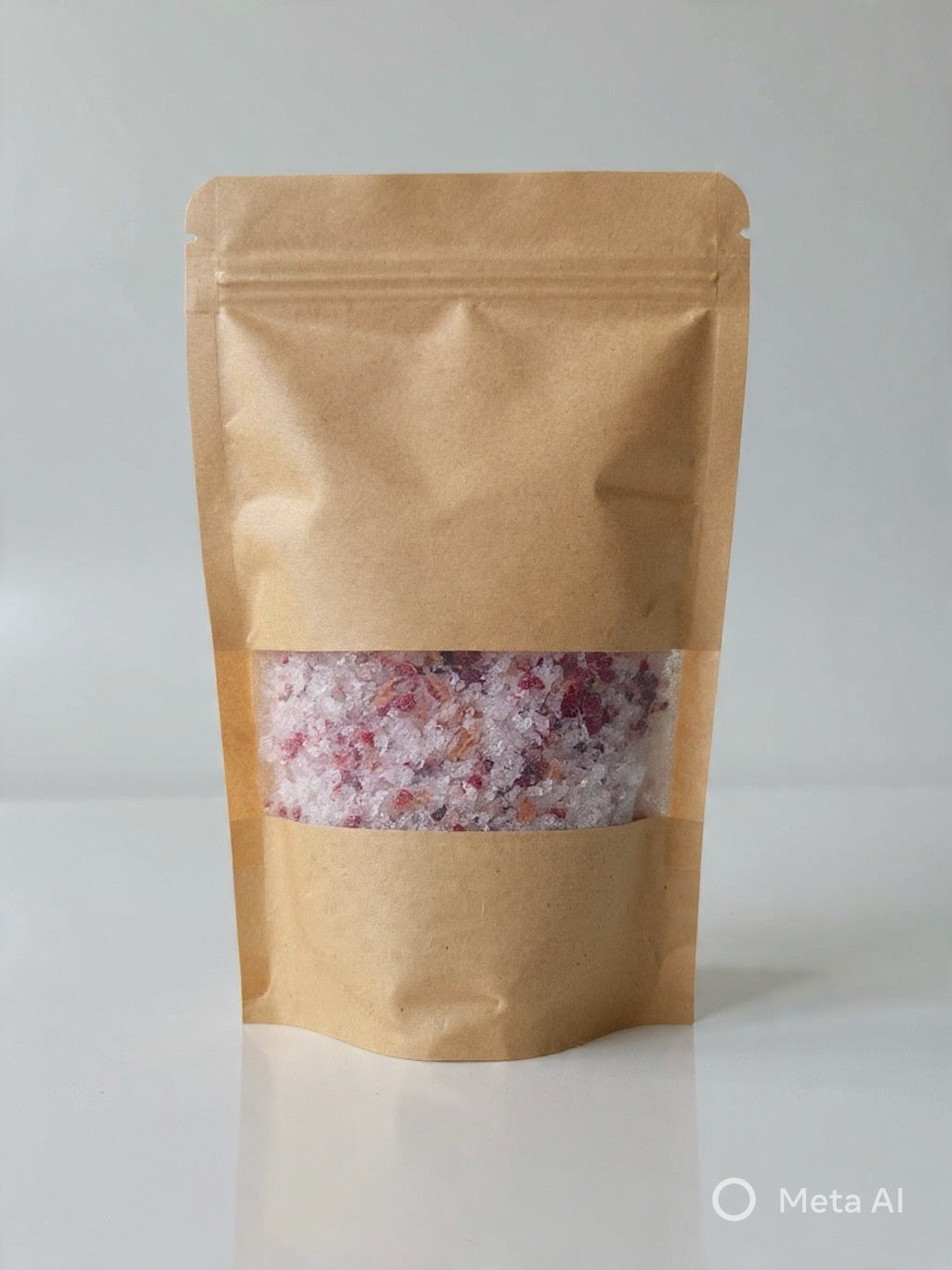 Sachet kraft de sel de bain avec fenêtre de cristaux roses photographié de face