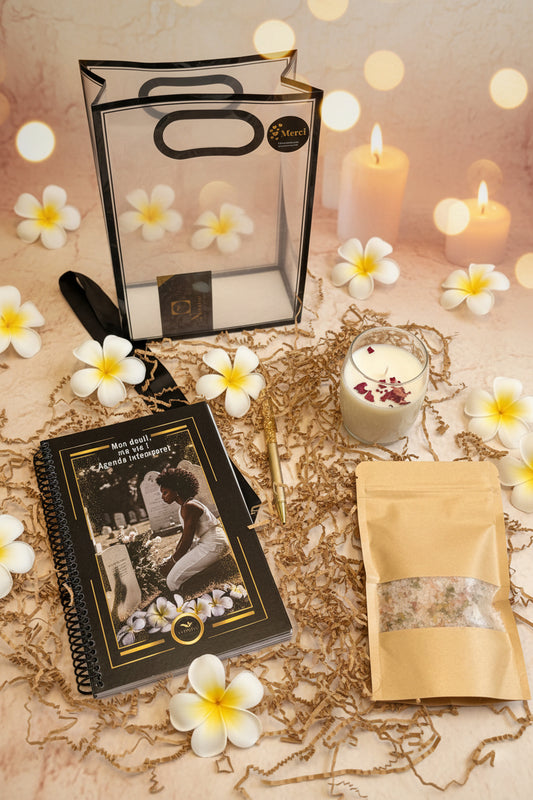 Boîte Réconfort Deuil – Agenda, Bougie, Stylo & Sel de Bain