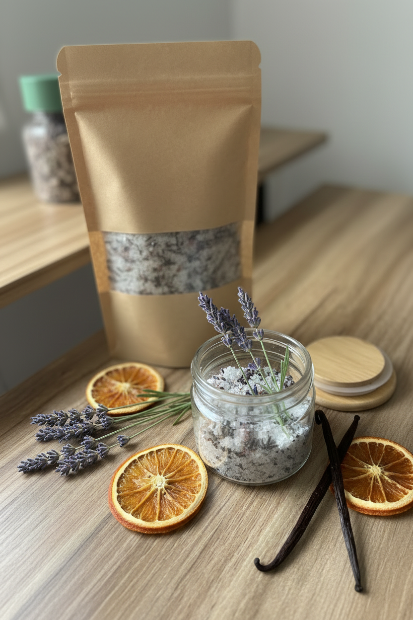 Sel de bain Ancrage Intérieur – Lavande Vanille Orange Douce – sachet kraft et pot en verre