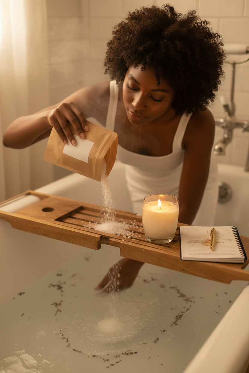 Femme versant le sel de bain dans l'eau vaporeuse – Rituel de guérison NTIMANI