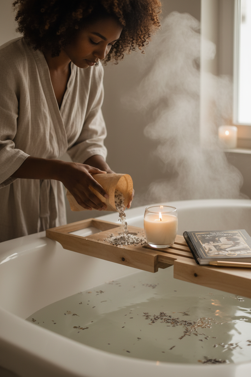 Rituel de deuil – Femme versant le sel de bain avec bougie et agenda NTIMANI