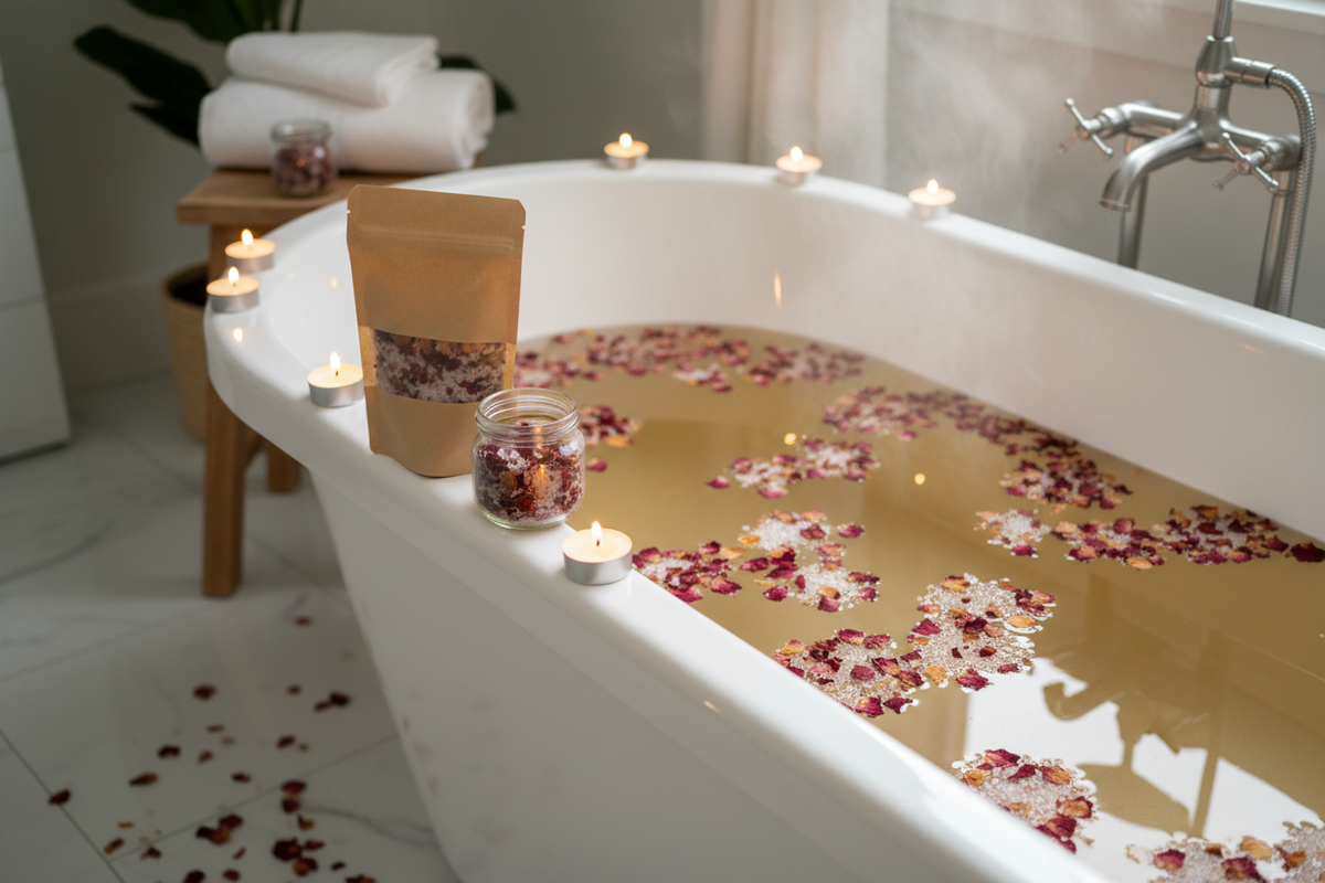 Baignoire remplie d’eau avec pétales de rose, sachet kraft et petit pot de sel de bain
