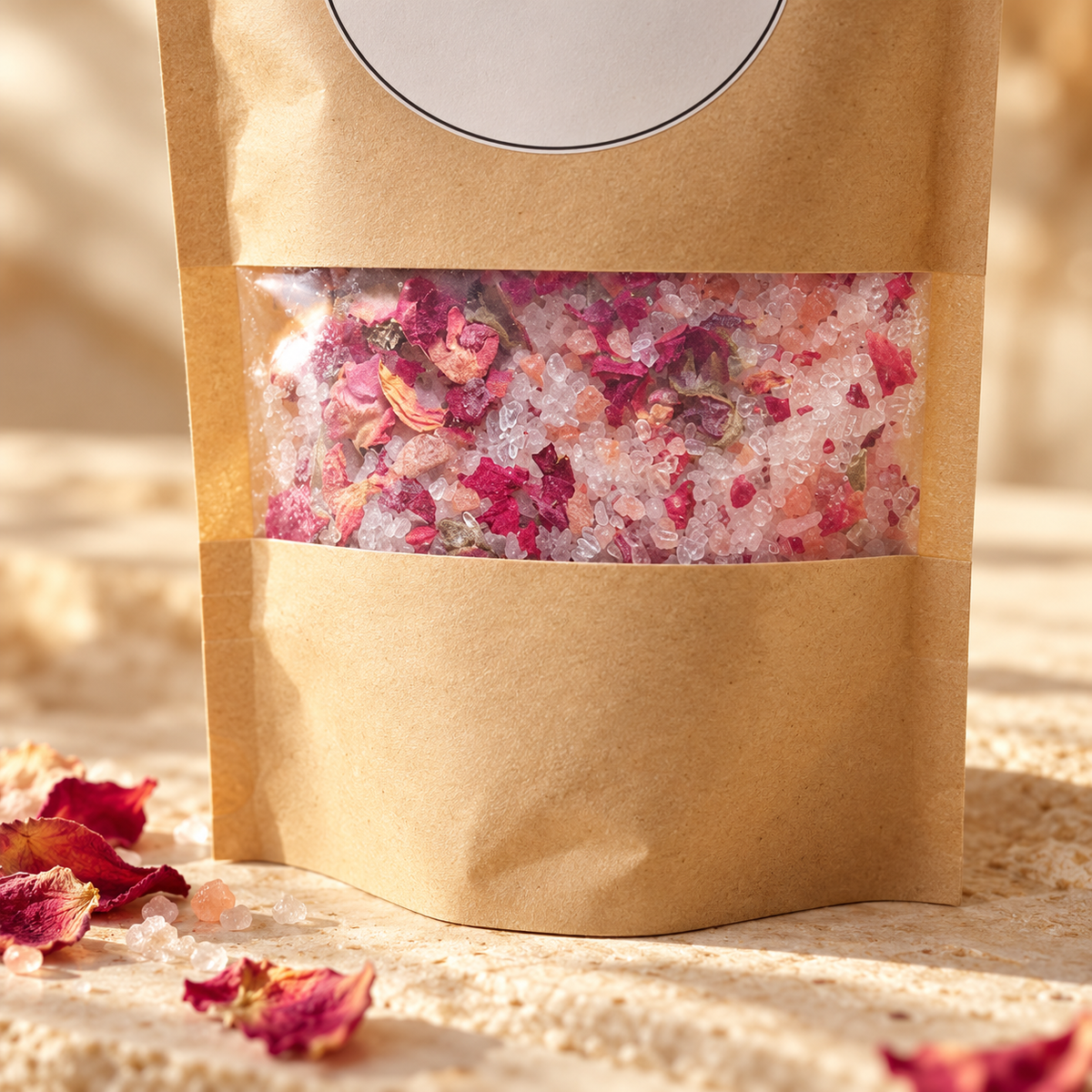 Gros plan sur les cristaux de sel et pétales de rose visibles dans le sachet kraft