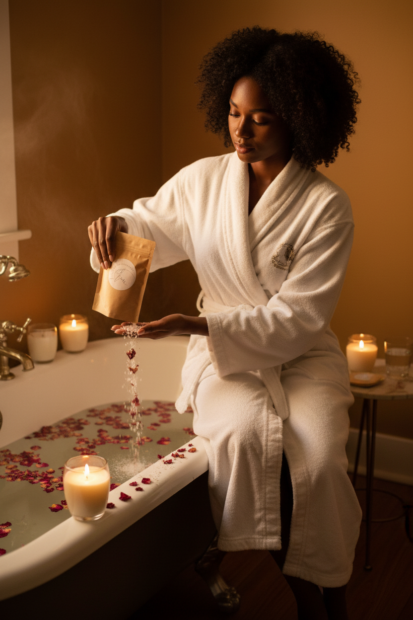 Femme en peignoir blanc versant des sels dans un bain avec pétales de rose et bougies
